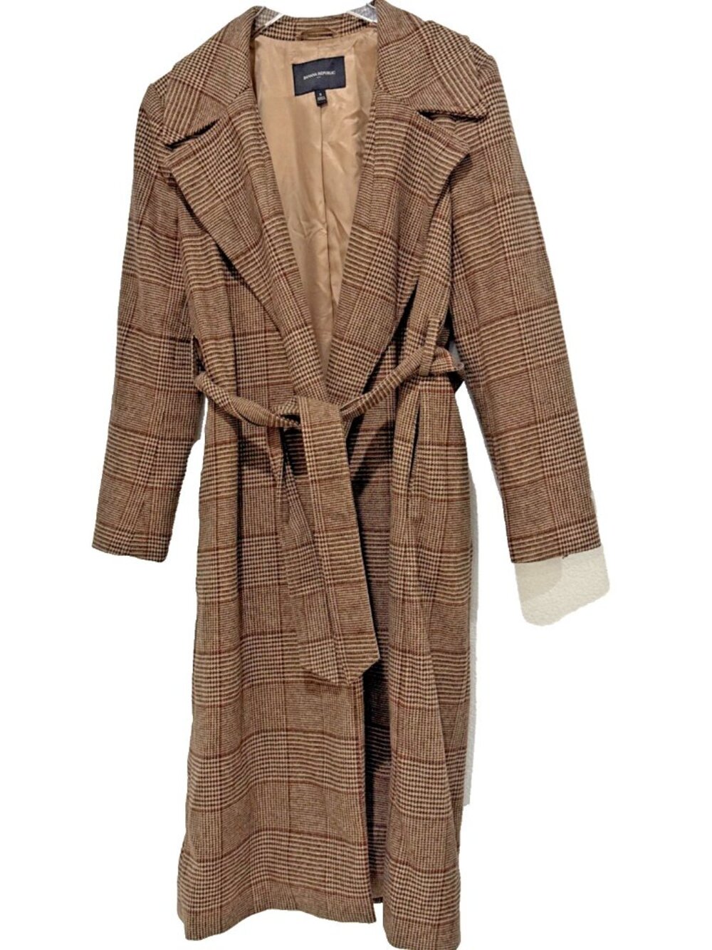 Banana Republic Tan Tie Waist Plaid Wool Blend Long Trench Coat Womens Size S - Picture 3 of 11